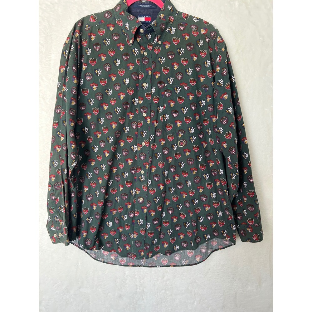 Tommy Hilfiger Mens Large Green Crest Shield Print Button Down Shirt Long Sleeve
